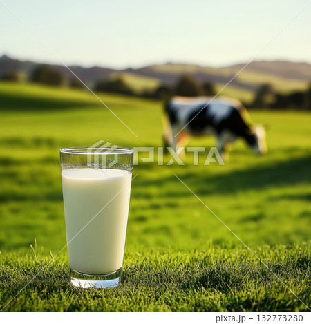 Fresh milk in a glass on a green pasture with a...のイラスト素材 [132773280 ...