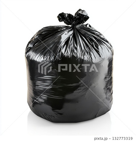 Black garbage bag filled with waste set against a white background for disposal and recycling purposes Black garbage bag filled with waste set against a white background for disposal and recycling purposes 132773319
