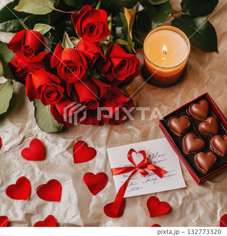 Celebrate love with roses, chocolates, and a heartfelt note for a romantic evening 132773320