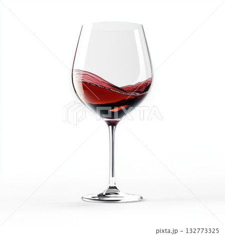 Elegant red wine glass showcasing swirling liquid against a minimalist background 132773325