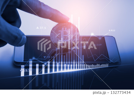 Modern way of exchange. Bitcoin is convenient payment in global economy market. Virtual digital currency and financial investment trade concept. Abstract cryptocurrency with gold bitcoin background. Modern way of exchange. Bitcoin is convenient payment in global economy market. Virtual digital currency and financial investment trade concept. Abstract cryptocurrency with gold bitcoin background. 132773434