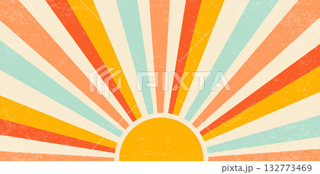 Sunset with rays summer 70s background. Groovy textured vintage radial pattern of beams. Abstract vector poster design. Grunge trendy illustration Sunset with rays summer 70s background. Groovy textured vintage radial pattern of beams. Abstract vector poster design. Grunge trendy illustration 132773469