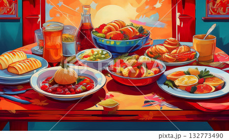 沢山の料理が並んだテーブル上のイラスト 沢山の料理が並んだテーブル上のイラスト 132773490