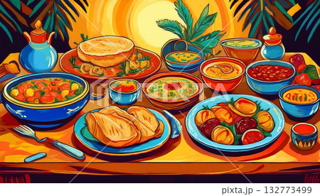 沢山の料理が並んだテーブル上のイラスト 132773499