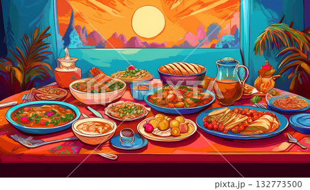 沢山の料理が並んだテーブル上のイラスト 沢山の料理が並んだテーブル上のイラスト 132773500