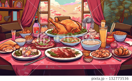 沢山の料理が並んだテーブル上のイラスト 沢山の料理が並んだテーブル上のイラスト 132773536