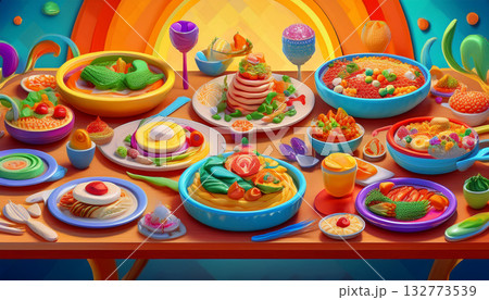 沢山の料理が並んだテーブル上のイラスト 132773539