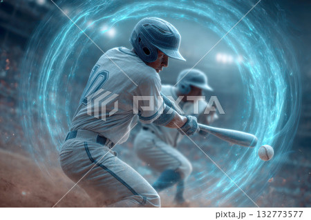 Baseball player hitting ball with glowing energy swirl in stadium 132773577