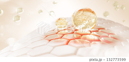 3d skin cells with red spot and yellow oil liquid drops with bubbles. Epidermis layer with retinol gel cream droplets, face moisture essence. Treatment damaged skin, cosmetic skincare. 3D illustration 132773599