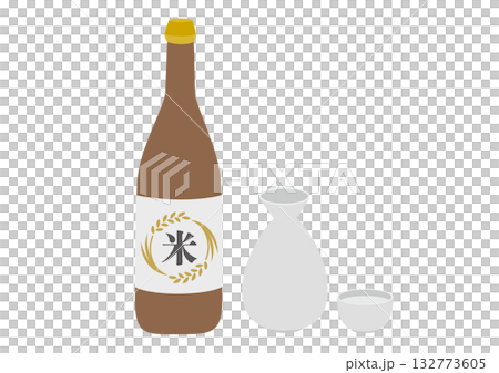 米焼酎の瓶と白いとっくりとおちょこのイラスト 米焼酎の瓶と白いとっくりとおちょこのイラスト 132773605