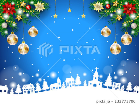 クリスマス背景、街並みシルエット、青、オーナメント、かわいい、イラスト、横 クリスマス背景、街並みシルエット、青、オーナメント、かわいい、イラスト、横 132773700