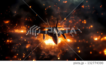 Fighter jet soaring through fiery explosions in dramatic sky. 132774390