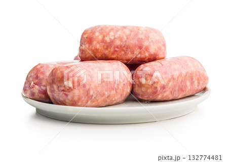 Photo of italian sausage salsiccia isolated on white background. Photo of italian sausage salsiccia isolated on white background. 132774481