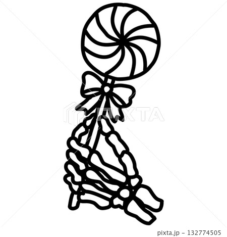 Kawaii Skeleton Hand Holding Lollipop Line Art Illustration Cute Gothic Holiday Sweet Treat Spooky Candy Doodle for Coloring Pages Stickers and Craft Designs 132774505