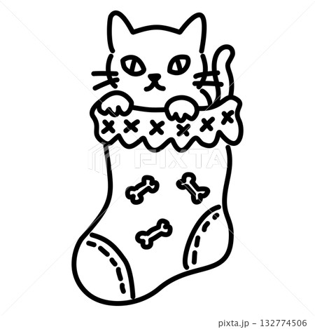Cute Gothic Cat in Christmas Stocking Line Art Illustration Kawaii Spooky Holiday Character Cozy Stocking Doodle for Coloring Pages Stickers and Craft Designs 132774506