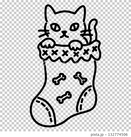 Cute Gothic Cat in Christmas Stocking Line Art Illustration Kawaii Spooky Holiday Character Cozy Stocking Doodle for Coloring Pages Stickers and Craft Designs 132774506