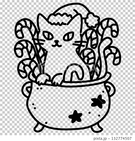 Adorable Gothic Cat in Cauldron Line Art Illustration Kawaii Spooky Christmas Character Cute Kitty with Candy Canes Doodle for Coloring Pages Stickers and Crafts 132774507