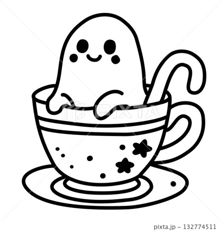 Adorable Ghost in Teacup Line Art Illustration Kawaii Gothic Christmas Character Spooky Cute Hot Cocoa Holiday Doodle for Coloring Pages Stickers and Craft Projects 132774511