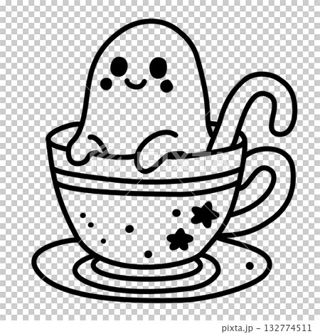Adorable Ghost in Teacup Line Art Illustration Kawaii Gothic Christmas Character Spooky Cute Hot Cocoa Holiday Doodle for Coloring Pages Stickers and Craft Projects 132774511