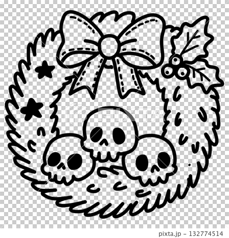 Adorable Skull Christmas Wreath Line Art Illustration Kawaii Gothic Holiday Decoration Cute Spooky Garland Doodle for Coloring Pages Stickers and Craft Projects 132774514