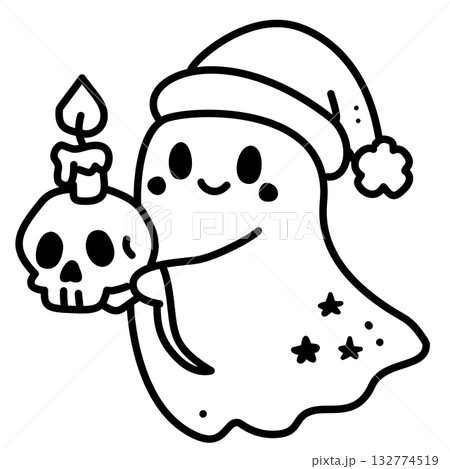 Adorable Ghost with Santa Hat Line Art Illustration Kawaii Gothic Christmas Character Holding Skull Candle Spooky Holiday Doodle for Coloring Pages and Crafts 132774519