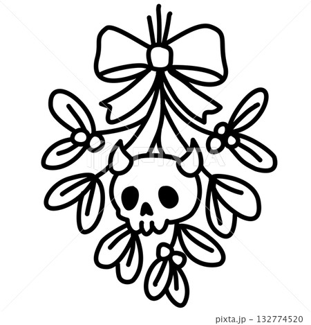 Adorable Devil Skull Mistletoe with Bow Line Art Illustration Kawaii Gothic Christmas Decoration Cute Spooky Holiday Design for Stickers Coloring Pages and Crafts 132774520