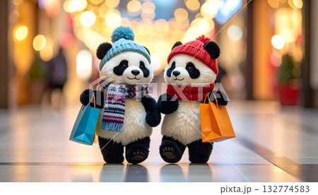 ショッピングバッグを両手に嬉しそうなパンダ ショッピングバッグを両手に嬉しそうなパンダ 132774583