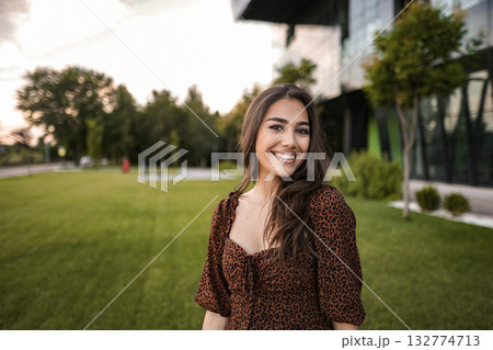 Portrait of beautiful woman with perfect white teeth smile 132774713