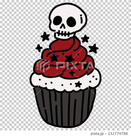 Adorable Gothic Cupcake Illustration Kawaii Spooky Christmas Dessert with Skull Topper Red Frosting and Black Stars Cute Holiday Doodle for Coloring Pages and Crafts 132774798