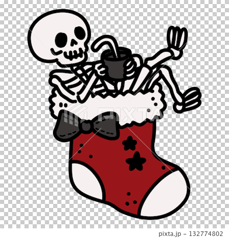 Kawaii Skeleton in Christmas Stocking Line Art Illustration Cute Gothic Holiday Character with Candy Cane and Red Bow Spooky Cozy Doodle for Coloring Pages and Crafts Kawaii Skeleton in Christmas Stocking Line Art Illustration Cute Gothic Holiday Character with Candy Cane and Red Bow Spooky Cozy Doodle for Coloring Pages and Crafts 132774802