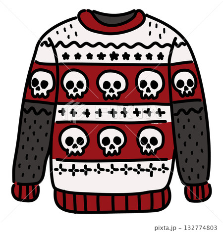 Cute Gothic Christmas Sweater Line Art Illustration Kawaii Skull Pattern Ugly Sweater Red and Black Spooky Holiday Fashion Doodle for Coloring Pages and Crafts 132774803