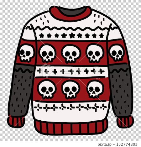 Cute Gothic Christmas Sweater Line Art Illustration Kawaii Skull Pattern Ugly Sweater Red and Black Spooky Holiday Fashion Doodle for Coloring Pages and Crafts 132774803