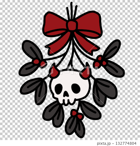 Cute Gothic Mistletoe Line Art Illustration Kawaii Spooky Christmas Decor with Red Bow and Devil Skull Creepy Cute Holiday Doodle for Coloring Pages and Crafts Cute Gothic Mistletoe Line Art Illustration Kawaii Spooky Christmas Decor with Red Bow and Devil Skull Creepy Cute Holiday Doodle for Coloring Pages and Crafts 132774804