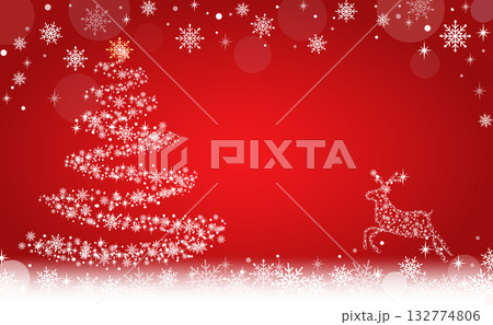 キラキラしたクリスマス背景 雪の結晶 クリスマスツリーとトナカイ 132774806