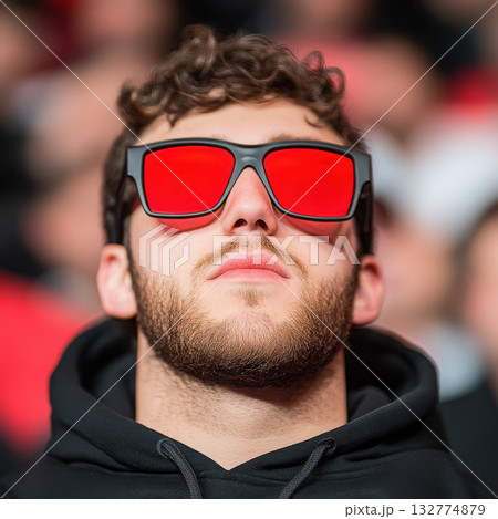 Stylish man wearing reflective sunglasses at an event. 132774879