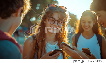 Group of teenagers enjoying their smartphones outdoors. 132774980