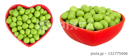 Fresh green peas in ceramic bowl isolated on white background. Top view. Flat lay Fresh green peas in ceramic bowl isolated on white background. Top view. Flat lay 132775006