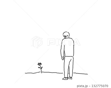 一輪の花を見つめる男性の後ろ姿、線画 一輪の花を見つめる男性の後ろ姿、線画 132775070