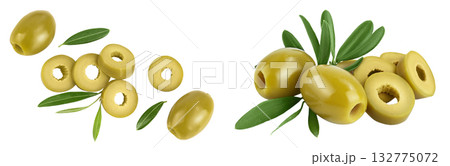 Green olives with leaves isolated on a white background with full depth of field. Top view. Flat lay 132775072