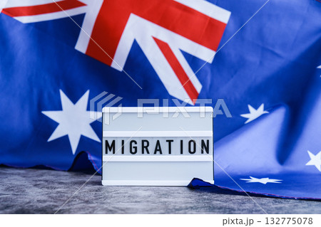 Message MIGRATION on background of Australian flag made from silk. Australia national flag with concept of tourism and traveling. welcoming 132775078