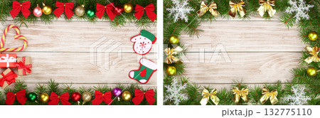 Christmas frame made of fir branches decorated with balls, bows, candy canes and boxes on a light wooden background 132775110