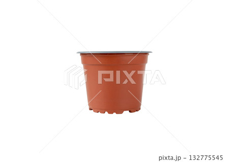 Brown plastic flower pot isolated on white background 132775545