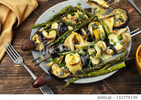 Freshly fish kebabs on skewers, barbecue. BBQ fish 132776136