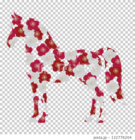 【梅花背景上的馬匹剪影】手工刺繡插畫素材 132776204