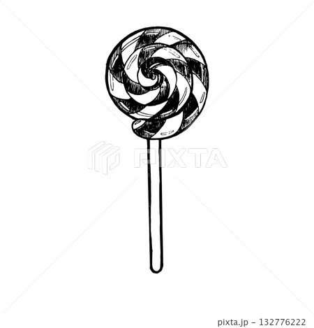 Vector illustration of a Christmas lollipop. Hand-drawn black and white graphic featuring the festive candy. Suitable for holiday designs, packaging, gifts, Christmas cards, and invitations. 132776222