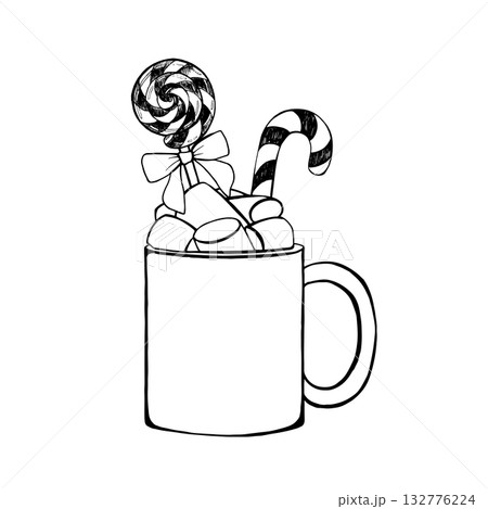 Vector illustration with a mug of cocoa and marshmallows, with lollipops. Black and white graphics with festive Christmas, winter sweets are drawn by hand. For packaging design, postcards 132776224