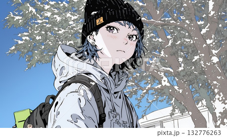 雪の積もる田舎道を歩いている若い女性