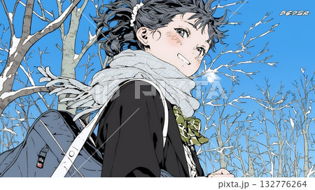 雪の積もる田舎道を歩いている若い女性 132776264