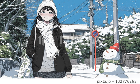 雪の積もる田舎道を歩いている若い女性