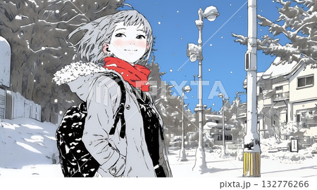 雪の積もる田舎道を歩いている若い女性